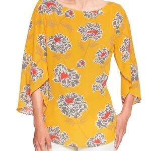 Banana Republic Women's Floral Blouse Size Large 3/4 Sleeves Yellow Grey Red